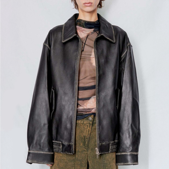 DUNST Blouson Lamb Leather Bomber Jacket Black Brushed Women's $600 - Size L - Picture 13 of 13